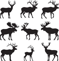 Collection of Deer and Moose Silhouettes in Various Poses Keywords: deer, moose, elk, stag, antler