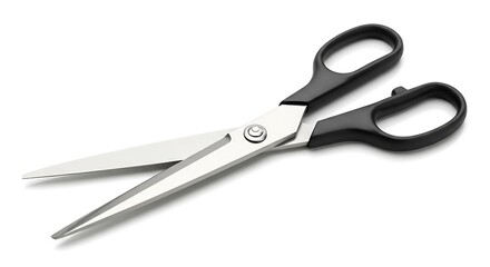 Obraz premium A pair of sharp, silver scissors with black plastic handles is shown against a white background.