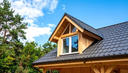 Wooden house dormer with dark roof