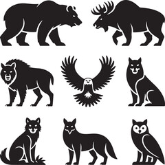 Fototapeta premium Silhouettes of North American Wildlife Animals in Black and White Keywords: animal, silhouette