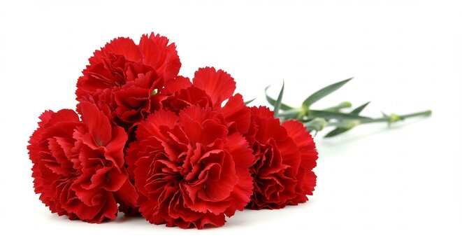 Vibrant red carnations elegantly arranged against pure white background. AI Generated