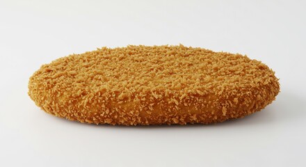 Golden-brown breaded patty sits on white background soft light enhances texture. AI Generated