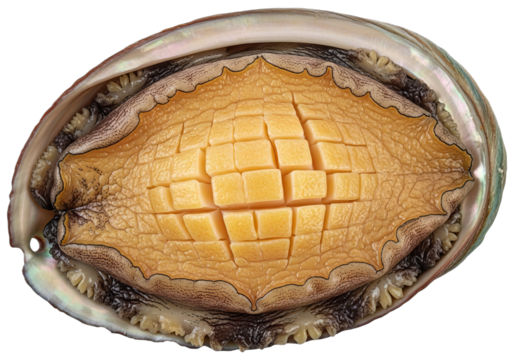 Detailed close-up of a pristine abalone shell revealing its iridescent interior and textured surface patterns