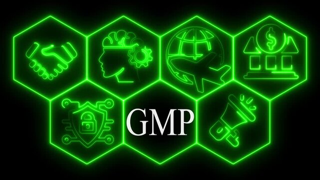 Animated neon gmp concept with icons representing business and technology