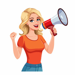 Naklejka premium Energetic cartoon woman with a megaphone shouting an important announcement. Vector illustration of a female activist or speaker for communication concepts