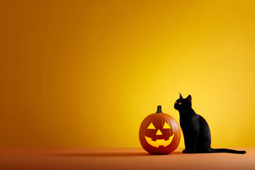 Black Cat with Halloween Pumpkin Against Bright Yellow Background for Spooky Vibe
