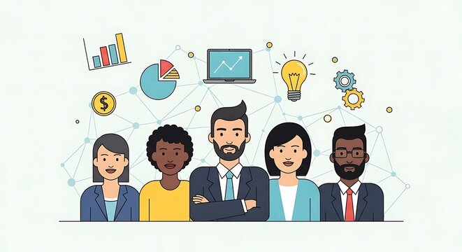 Flat design vector illustration of a diverse professional team with business icons for strategy, finance, and innovation
