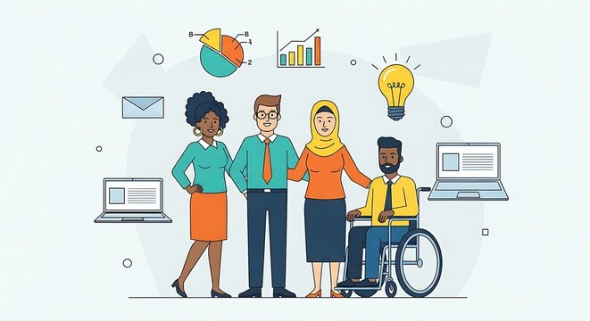 Modern flat line vector illustration of a diverse and inclusive business team collaborating, representing equity in the corporate workplace