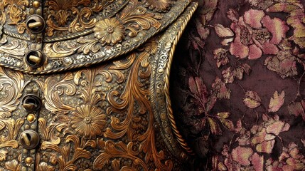 Closeup of ornate goldplated ancient armor with intricate floral detailing against dark rich fabric background, showcasing craftsmanship and historical elegance