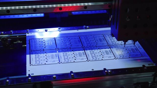 Precision robotic arm systematically positioning electronic components onto circuit boards within high tech manufacturing facility, bathed in vibrant blue and red illumination