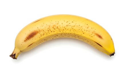 A single ripe banana with brown spots on a white background.