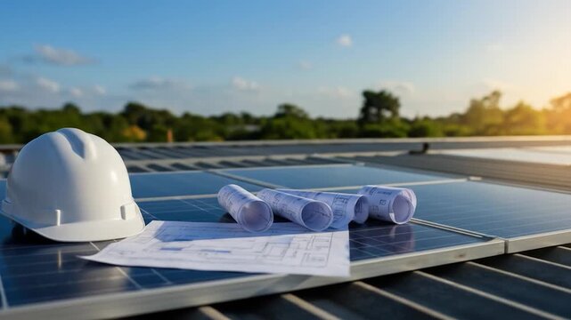 Solar panel installation planning with hard hat and blueprint in sunlight