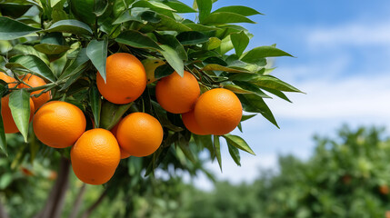 Orange tree with ripe fruits in garden
