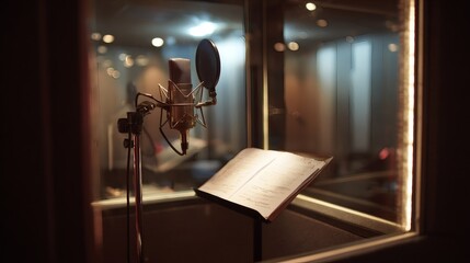 Professional voice recording booth with condenser microphone, pop filter and open music stand through studio window, warm ambient bokeh, horizontal 16:9