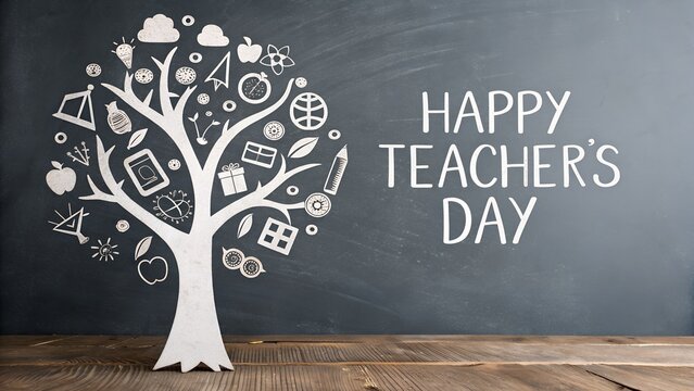 Happy Teachers Day chalkboard drawing of a tree with school themed icons