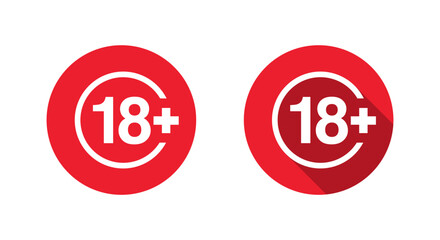 Eighteen plus icon with long shadow. Age restriction warning sign. Adults only symbol