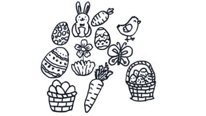 Hand-Drawn Doodle Art of Easter Eggs and Bunnies Isolated on a White Background with Copy Text Space. Festive Illustration Element for Holiday Posters, Spring Themes, and Creative Designs. PNG File