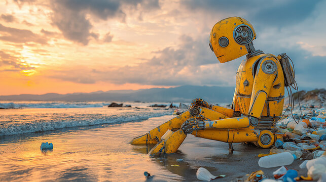 A yellow robot sit on a beach at sunset, combining futuristic technology with environmental care and sustainability.