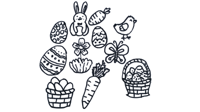 Hand-Drawn Doodle Art of Easter Eggs and Bunnies Isolated on a White Background with Copy Text Space. Festive Illustration Element for Holiday Posters, Spring Themes, and Creative Designs. PNG File