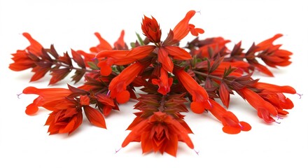 Obraz premium Vibrant red flowers beautifully arranged against a stark white background. AI Generated