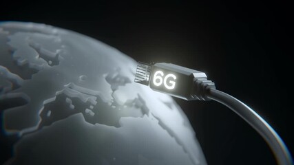 Futuristic glowing 6G network cable near digital globe symbolizing advanced global internet connection and high speed data transfer technology with - Powered by Adobe
