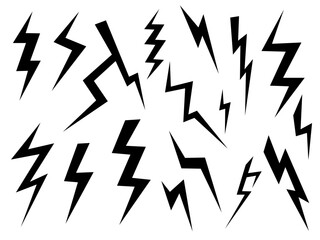 Lightning bolt icon. Flash symbol, thunderbolt, blitz lightnings strike sign. Electric energy black silhouettes, power concept. Vector icon set.