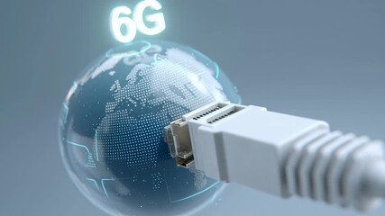 6g technology network cable plug digital globe hologram futuristic communication connection fast internet global communication concept ethernet cable - Powered by Adobe