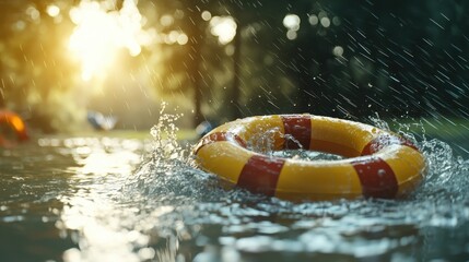 A lifebuoy splashes in sunlit water with droplets flying, creating a vibrant and dynamic summer safety scene outdoors.