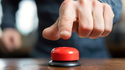 A finger presses a red button on a wooden surface, suggesting urgency or a decisive action.