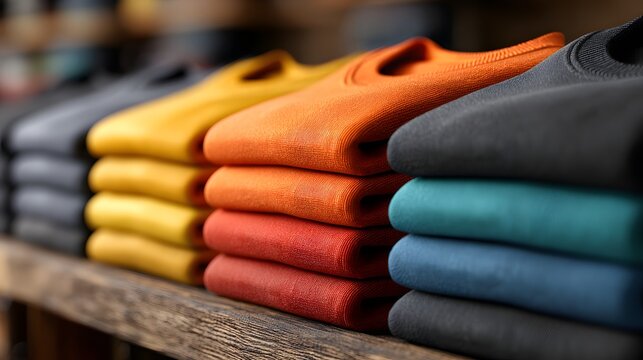 Neatly folded colorful sweaters stacked on a rustic wooden shelf, showcasing vibrant hues and soft textures for fashion.