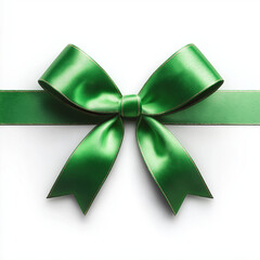 A shiny green bow on a white background symbolizing festivity and celebration.
