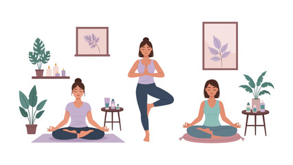 Fototapeta premium Three diverse women practicing yoga in a bright airy room with plants and artwork promoting wellness and mindfulness