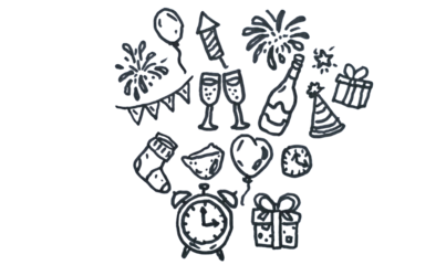 Hand-Drawn Doodle Art Set Arranged in a Circular Composition for New Year’s Eve Celebration Isolated on a White Background with Copy Text Space. Festive Illustration Including Fireworks, Champagne,