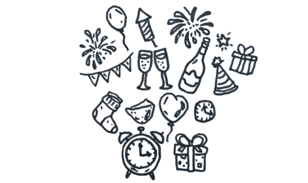 Hand-Drawn Doodle Art Set Arranged in a Circular Composition for New Year’s Eve Celebration Isolated on a White Background with Copy Text Space. Festive Illustration Including Fireworks, Champagne,