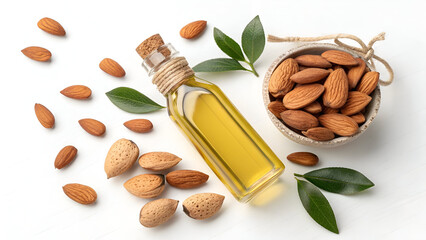 "Almonds and Oil: A Natural Duo Isolated on White"