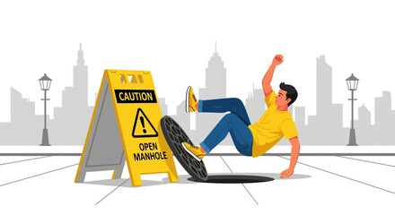 Unfortunate accident of a man falling into an open manhole in a city street background
