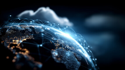 A vast holographic globe glowing with interconnected networks data streams moving seamlessly across continents cloud icons radiating with synchronization pulses atmosphere of