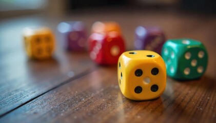 Close-up shot of several colorful dice rolling across a wooden surface, capturing the motion blur and randomness of the game , casino, vibrant