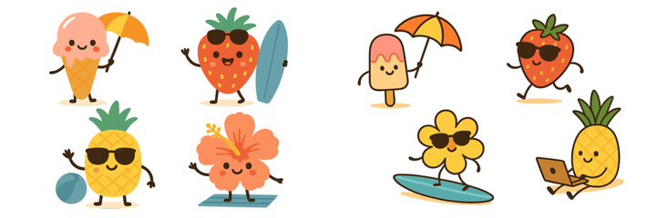 Set of cute kawaii summer characters including strawberry, pineapple, ice cream, and flower enjoying beach vacation activities