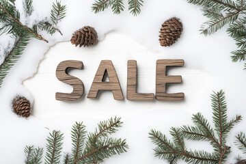SALE Carved into Wood Texture with Evergreen Sprigs & Pinecones on Snow-White Backdrop &mdash; Refined Rustic Holiday