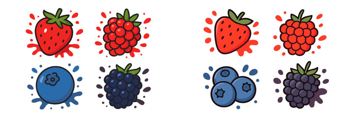 Set of cartoon berry icons with juice splash including strawberry, raspberry, blueberry, and blackberry isolated on white © Alan