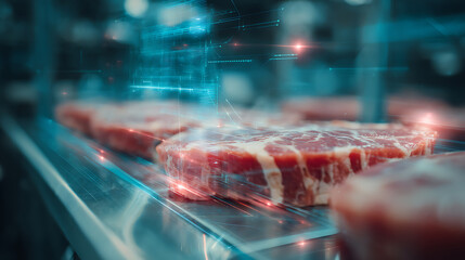 Futuristic Display of Raw Meat with Digital Overlay