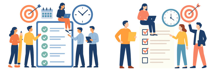 Corporate team collaborating on project management, organizing tasks on a to-do list, setting goals with a target, and managing time effectively