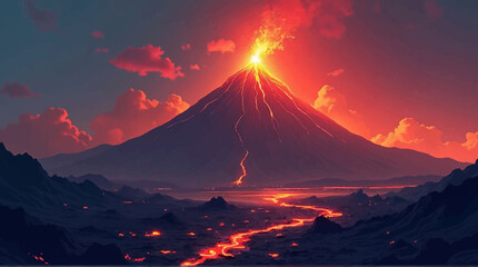 A volcano erupts, spewing lava and ash into the sky, with a river of lava flowing down its side.