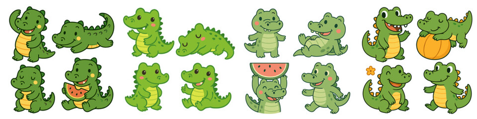 A collection of cute cartoon alligator characters and funny baby crocodiles in various poses, including sleeping, playing, and eating watermelon