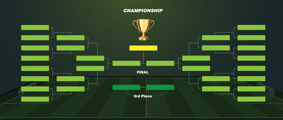 Football layout tournament championship contest stage bracket board with gold champion trophy prize icon in green background
