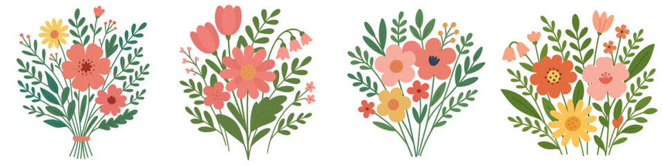 Set of four colorful flower bouquets with green leaves isolated on a white background for spring or summer decoration