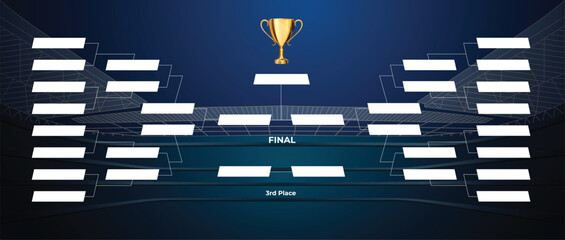 Modern Football layout tournament championship contest stage bracket board with gold champion trophy prize icon in blue background