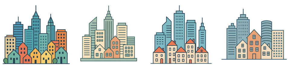 Set of four cityscapes with modern skyscrapers and traditional houses in a minimalist outline style isolated on a white background