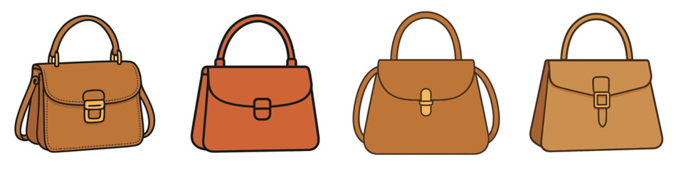 Collection of four classic brown leather women's handbags in various styles isolated on a white background for fashion and accessory concepts